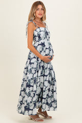 Navy Floral Shoulder Tie Tiered Maternity Maxi Dress