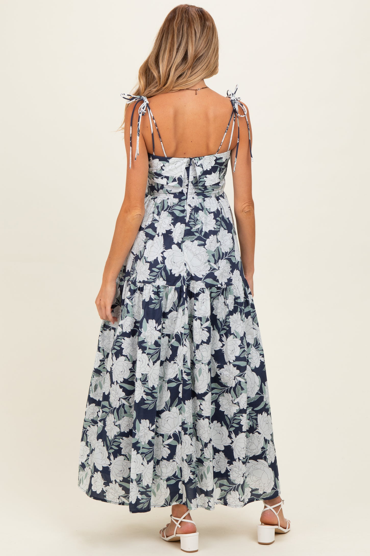 Navy Floral Shoulder Tie Tiered Maternity Maxi Dress