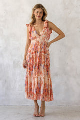 Peach Floral Plisse Shoulder Tie Dress