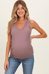 Dark Mauve Ribbed Sleeveless Ruched Maternity Tank Top