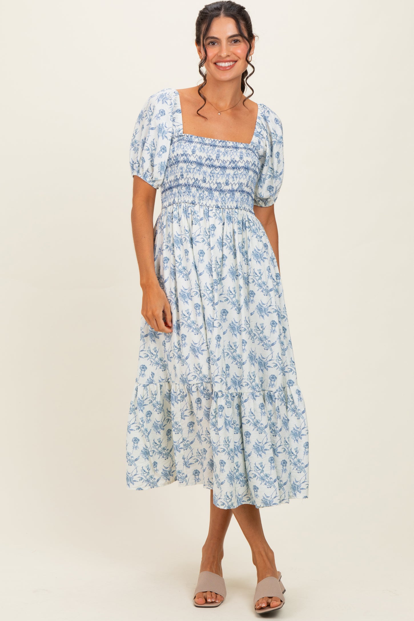 Porcelain Blue Floral Smocked Puff Sleeve Maternity Midi Dress
