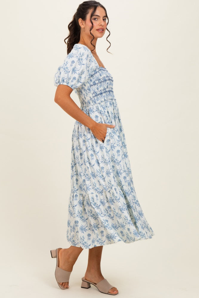 Porcelain Blue Floral Smocked Puff Sleeve Midi Dress