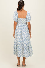 Porcelain Blue Floral Smocked Puff Sleeve Midi Dress