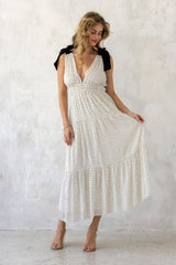 White Polka Dot Shoulder Tie Maternity Dress
