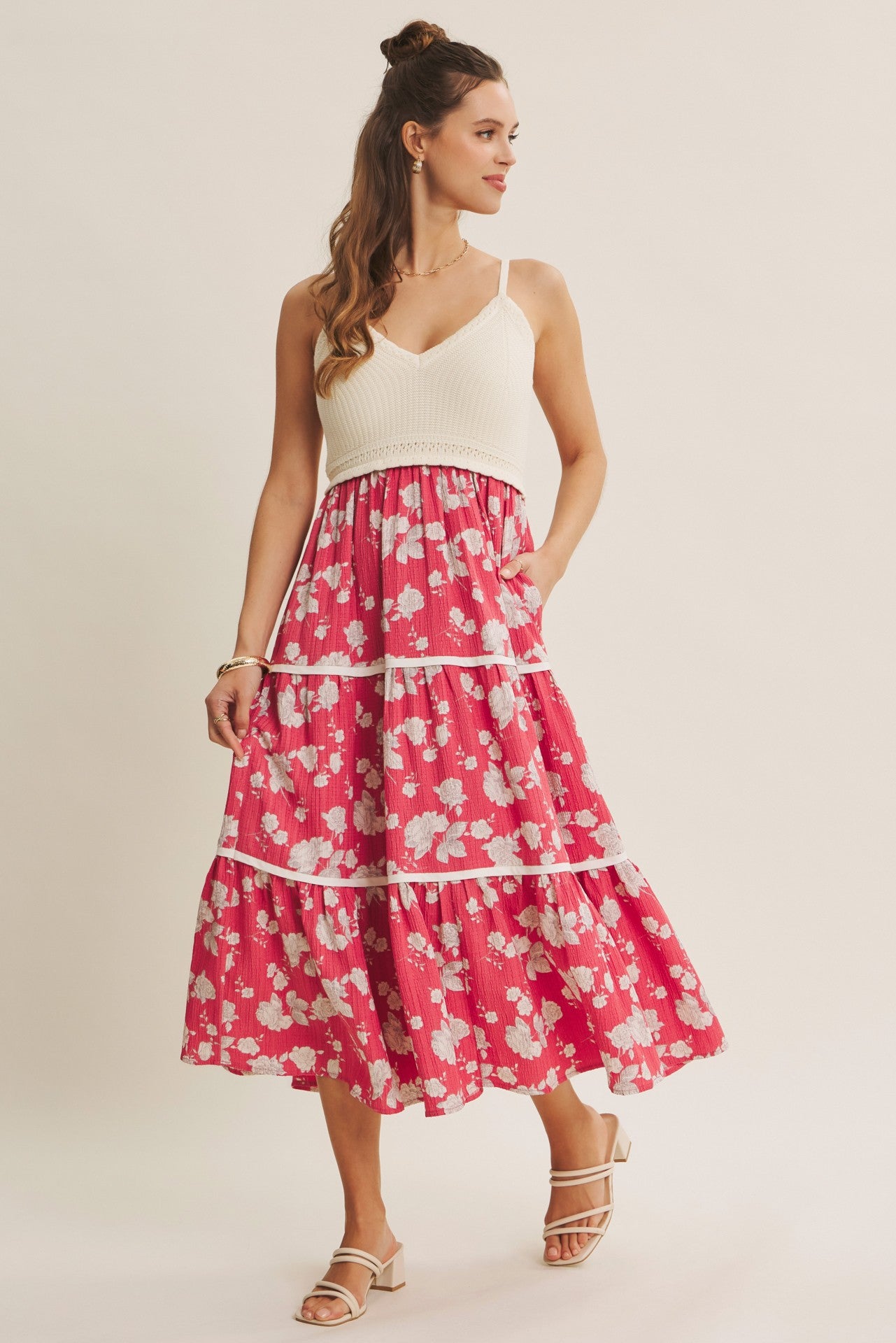 Cherry Red Floral Crochet Knit Top Floral Skirt Maternity Dress