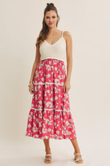 Cherry Red Floral Crochet Knit Top Floral Skirt Dress