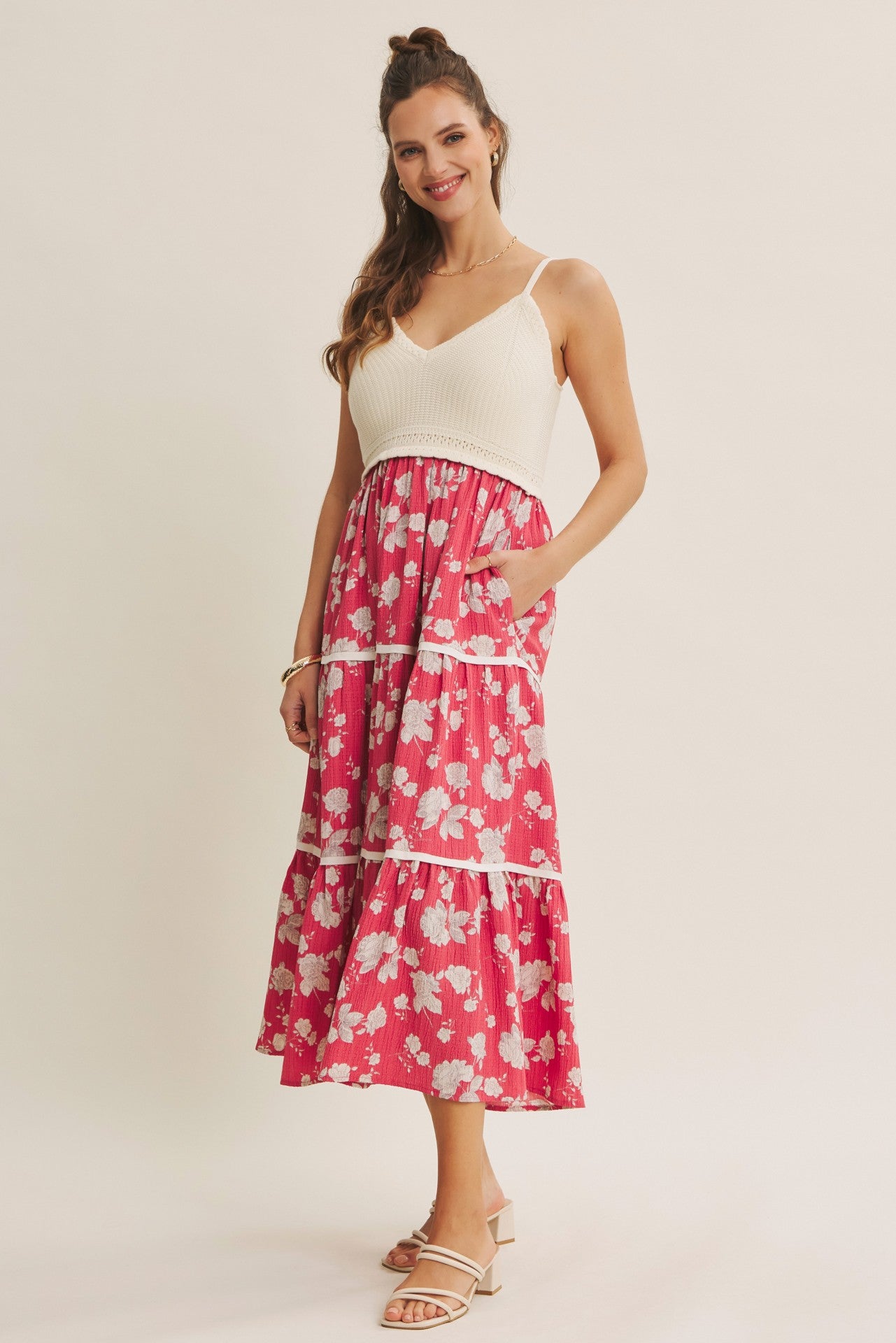 Cherry Red Floral Crochet Knit Top Floral Skirt Dress