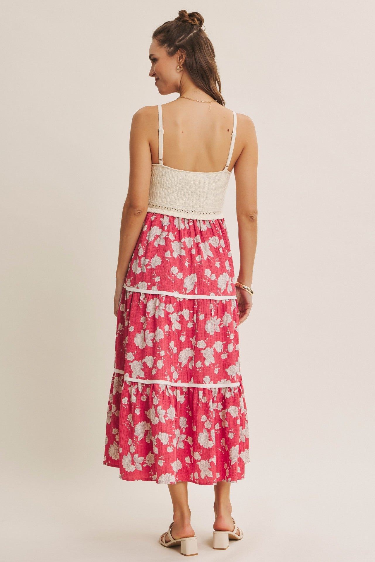 Cherry Red Floral Crochet Knit Top Floral Skirt Dress