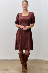 Brown Short Sleeve Lace Trim Dress
