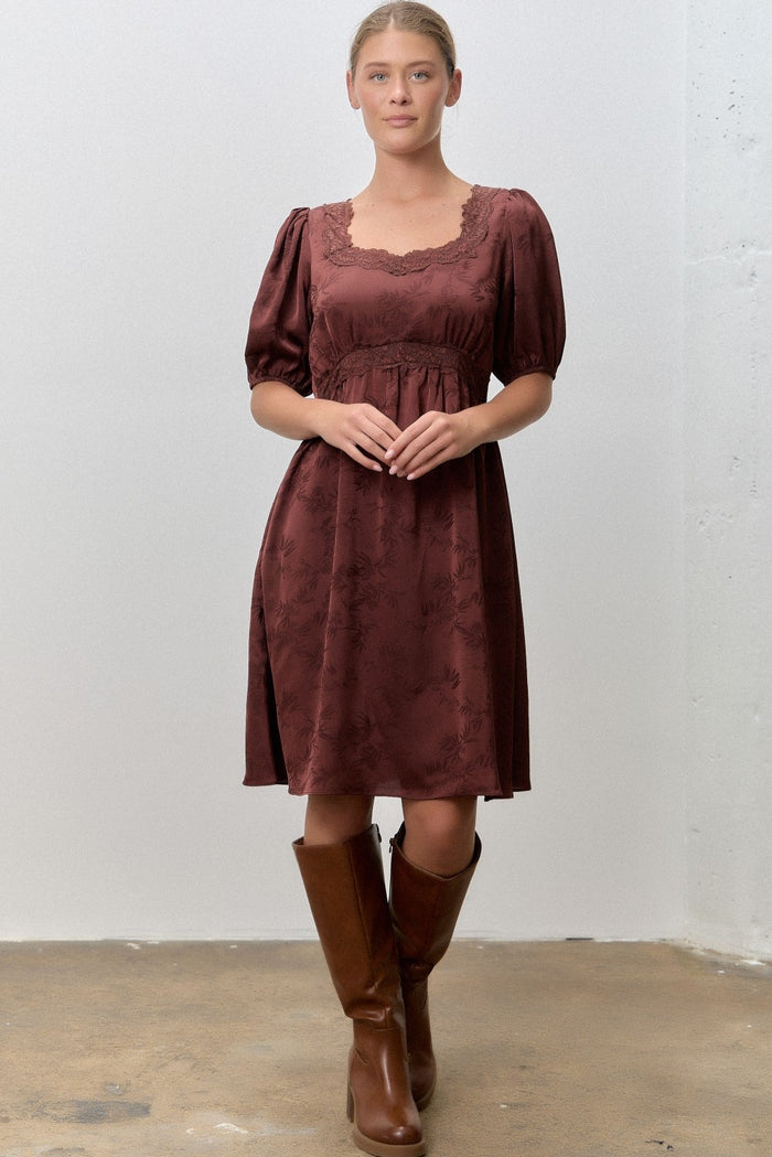 Brown Short Sleeve Lace Trim Maternity Dress