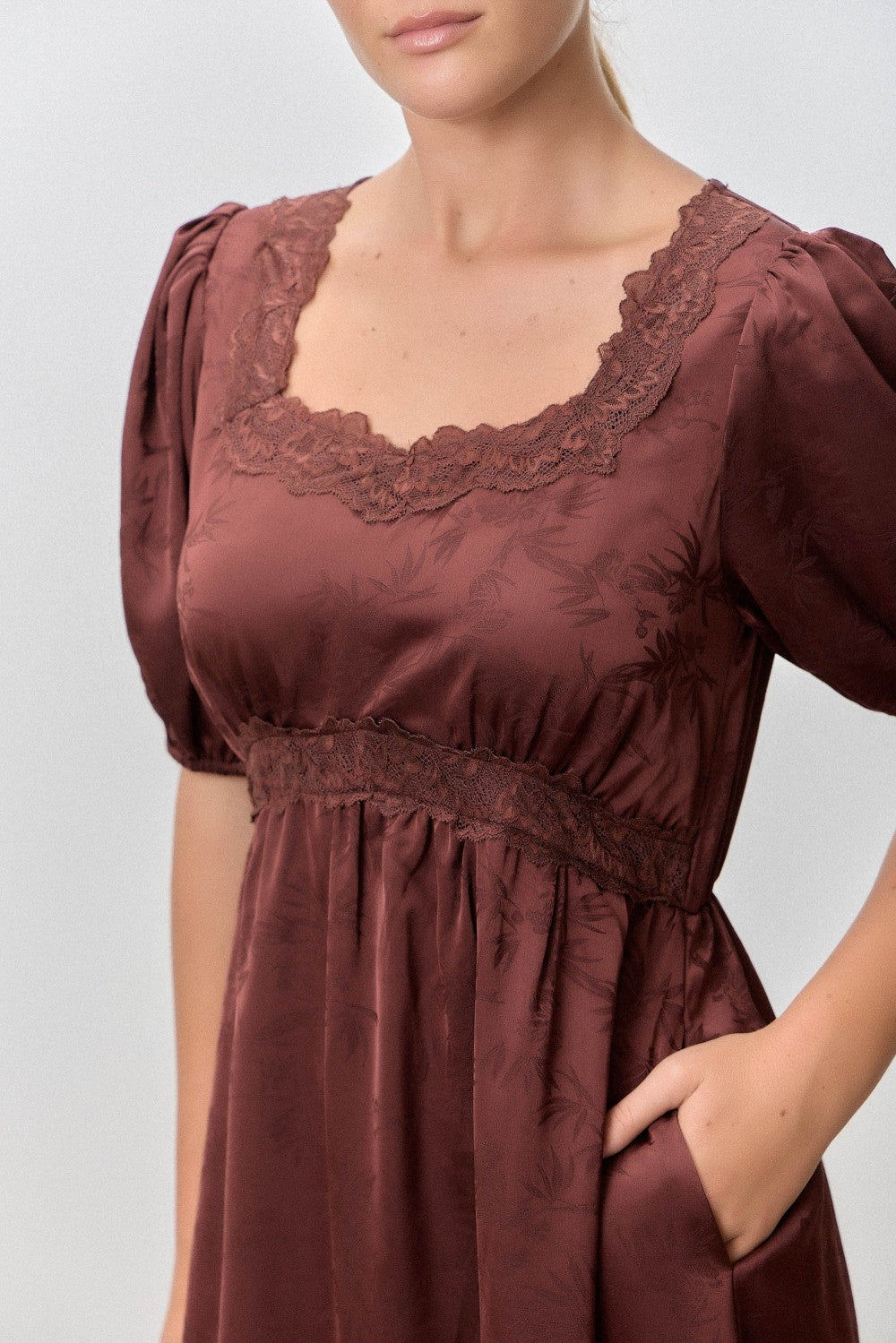 Brown Short Sleeve Lace Trim Dress