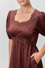 Brown Short Sleeve Lace Trim Dress