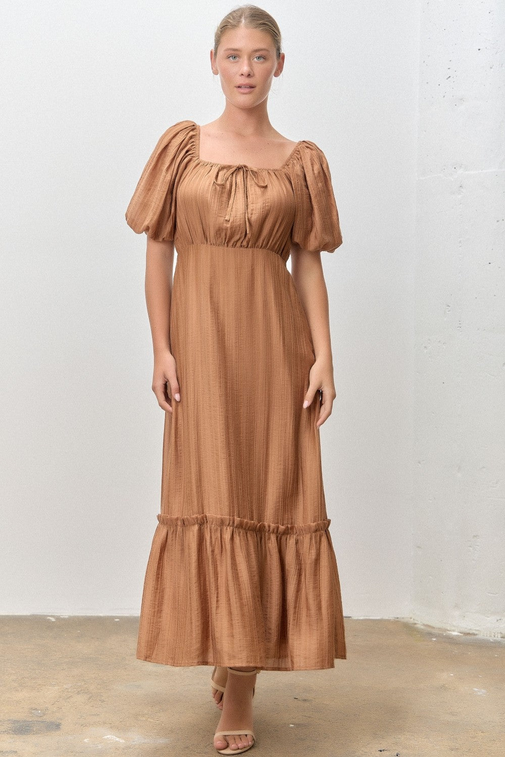 Mocha Textured Woven Square Neck Maternity Midi Dress