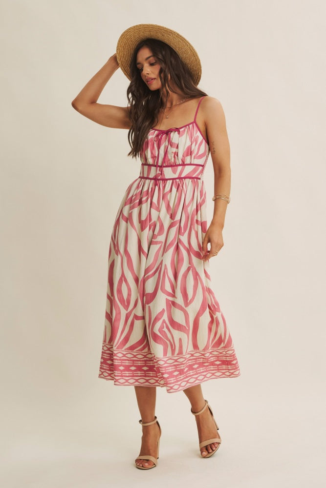 Pink Printed Front Tie Maternity Midi Dress