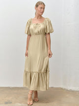 Beige Textured Woven Square Neck Maternity Midi Dress