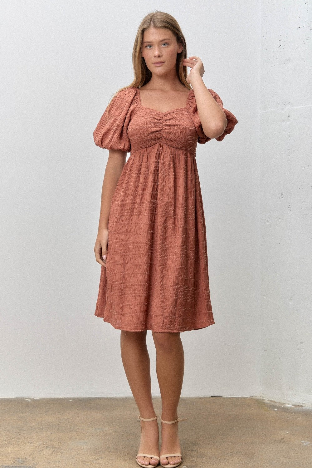 Brick Textured Bubble Sleeve Dress
