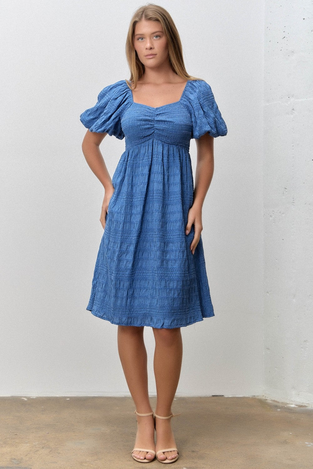 Blue Textured Bubble Sleeve Dress