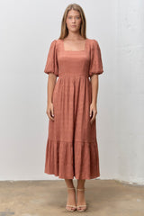 Brick Textured Square Neck Bubble Sleeve Midi Dress