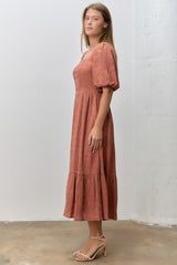 Brick Textured Square Neck Bubble Sleeve Midi Dress
