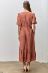 Brick Textured Square Neck Bubble Sleeve Midi Dress