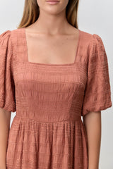 Brick Textured Square Neck Bubble Sleeve Midi Dress