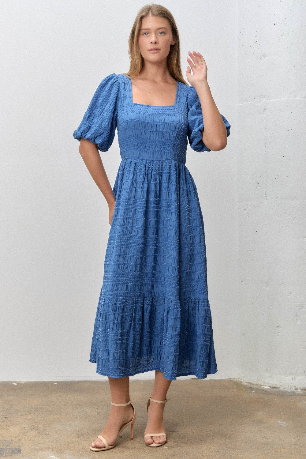 Blue Textured Square Neck Bubble Sleeve Maternity Midi Dress