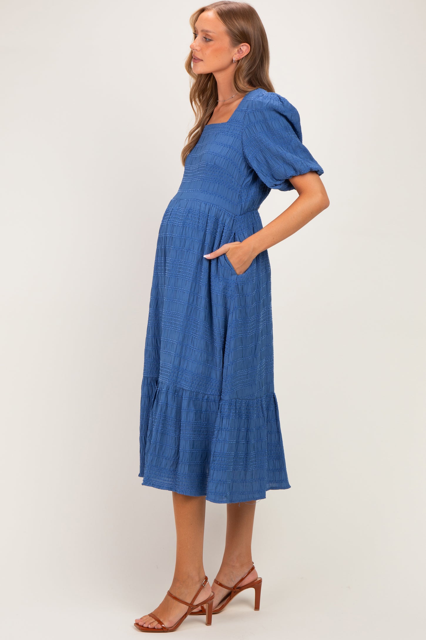 Blue Textured Square Neck Bubble Sleeve Maternity Midi Dress