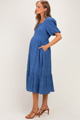 Blue Textured Square Neck Bubble Sleeve Maternity Midi Dress