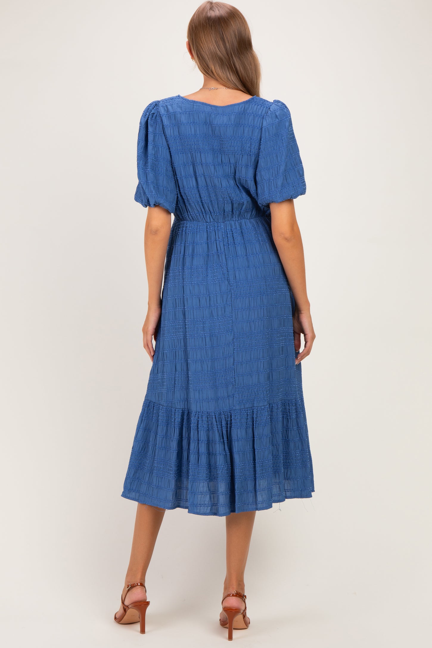 Blue Textured Square Neck Bubble Sleeve Maternity Midi Dress