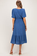 Blue Textured Square Neck Bubble Sleeve Maternity Midi Dress