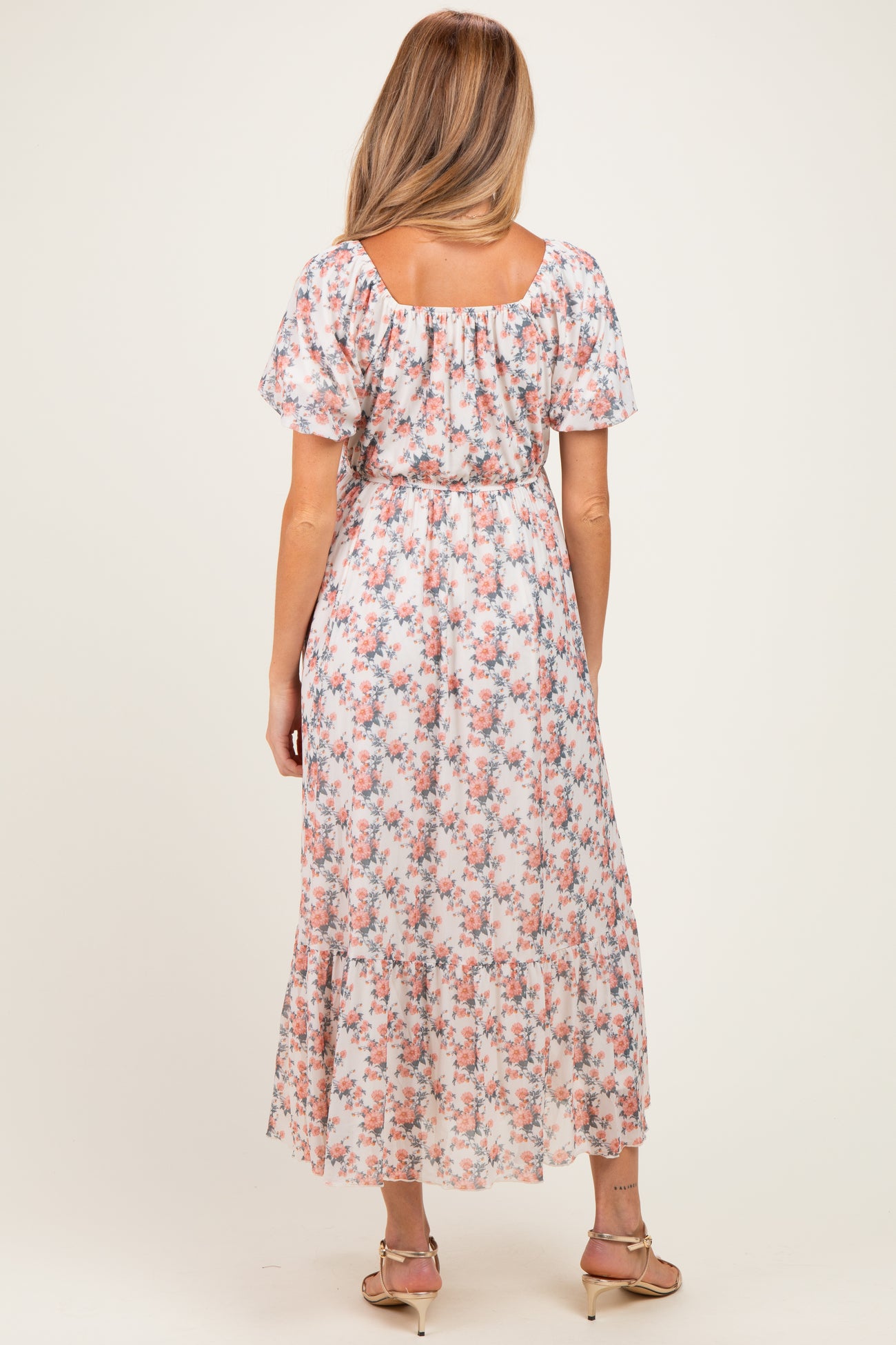Cream Multi Floral Print Bubble Sleeve Maternity Midi Dress