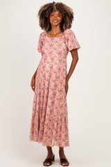 Pink Multi Floral Print Bubble Sleeve Maternity Midi Dress