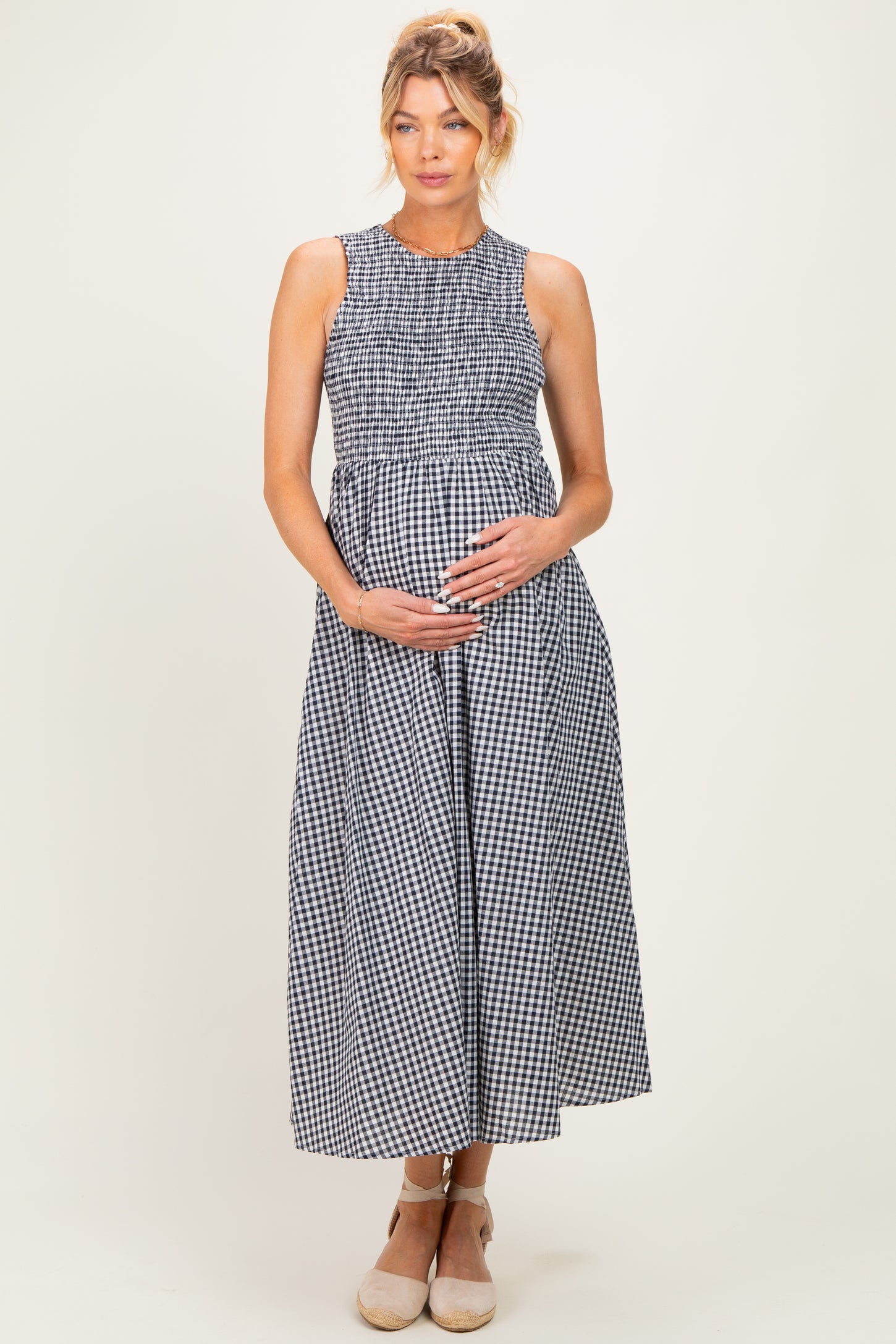 Navy Gingham Smocked Cutout Tie Back Maternity Maxi Dress