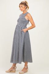 Navy Gingham Smocked Cutout Tie Back Maternity Maxi Dress