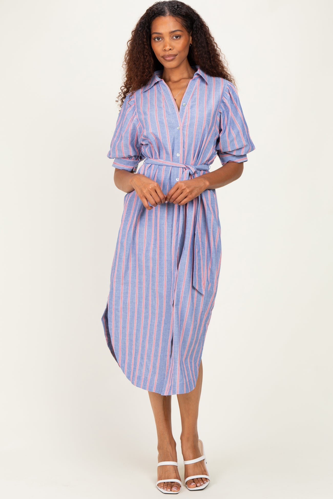 Blue Striped Puff Sleeve Maternity Midi Shirt Dress