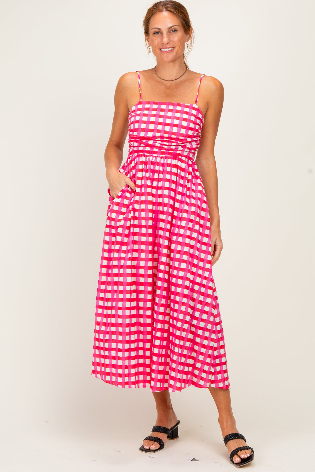 Hot Pink Gingham Maternity Midi Dress