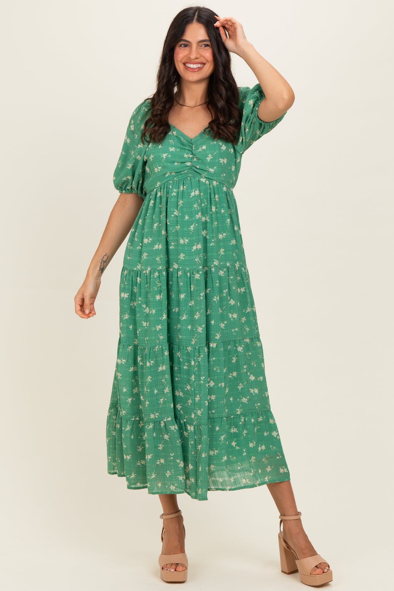 Green Printed Sweetheart Neckline Tiered Maternity Dress
