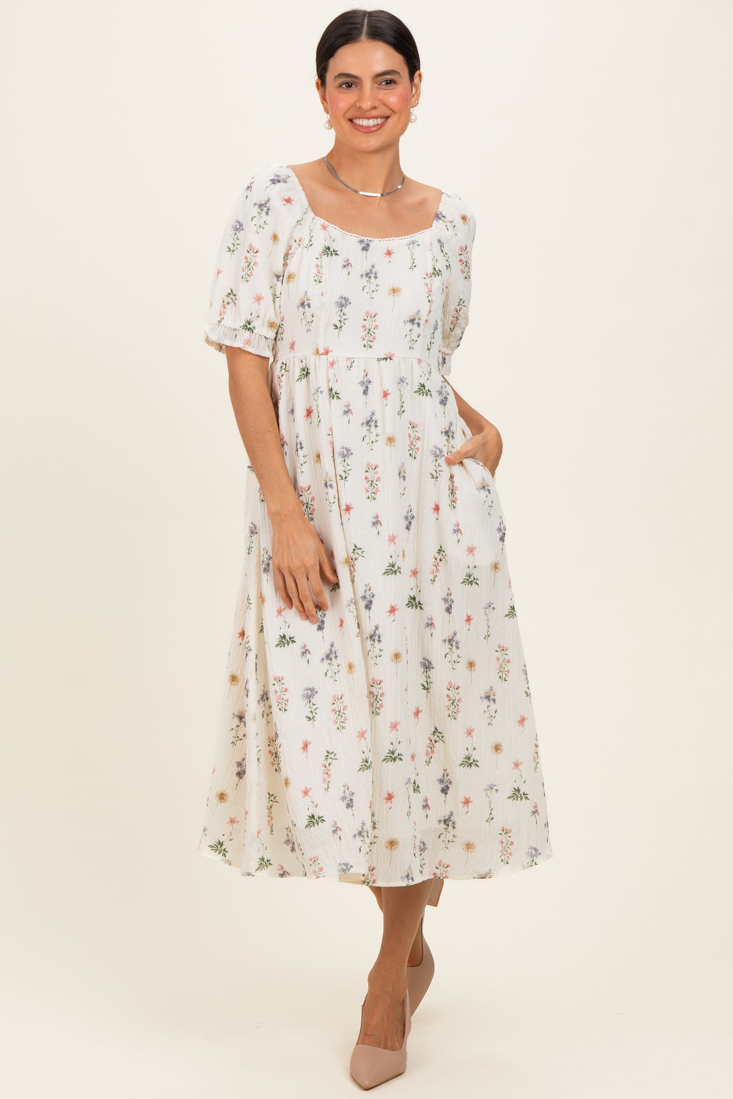 Ivory Floral Sweetheart Neckline Midi Dress