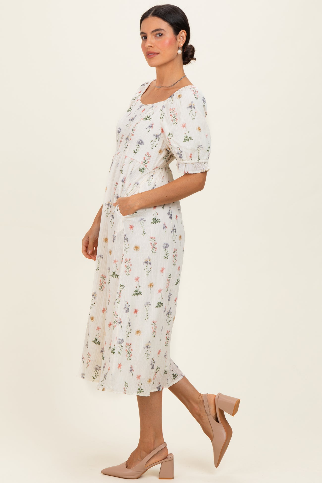 Ivory Floral Sweetheart Neckline Midi Dress
