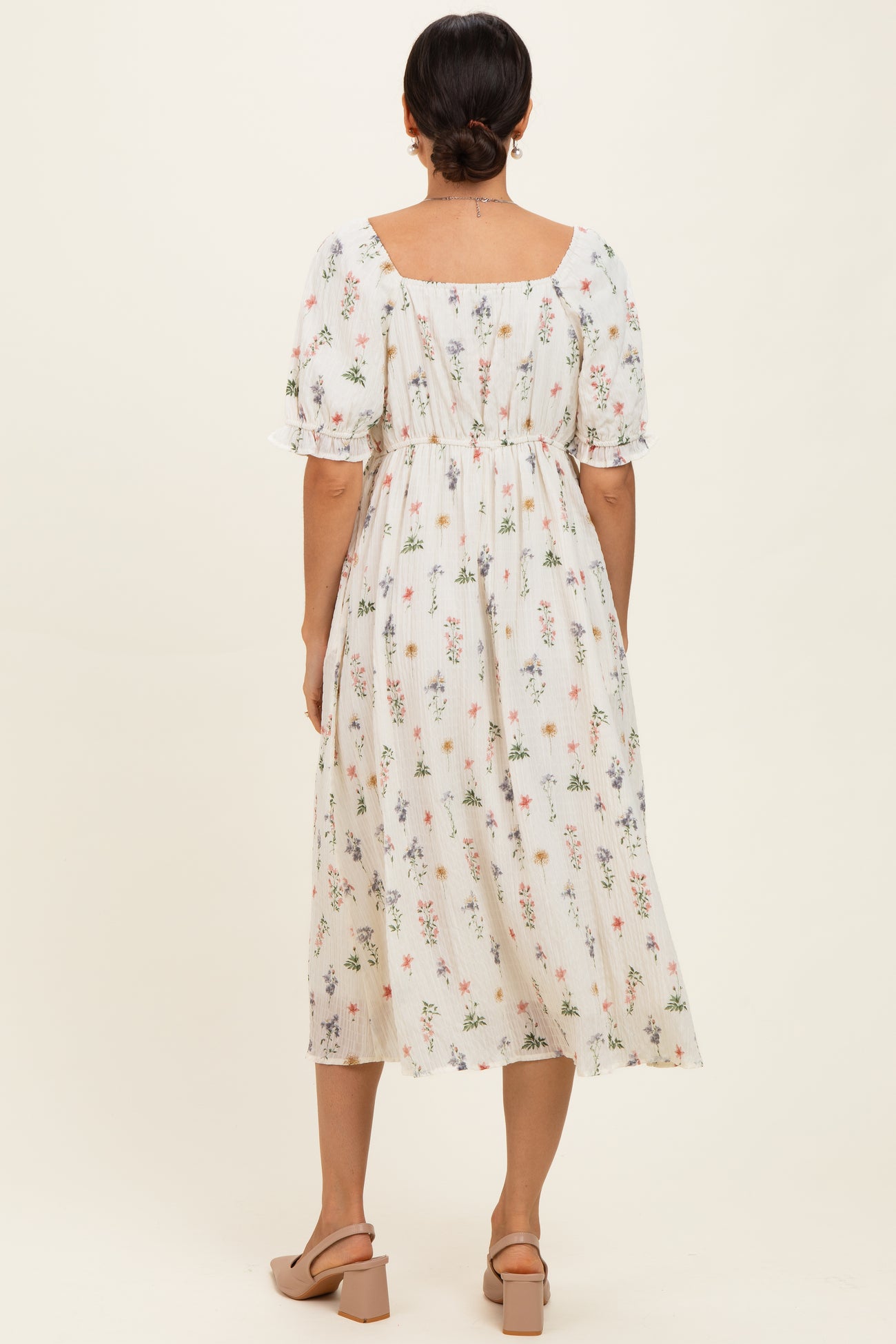 Ivory Floral Sweetheart Neckline Midi Dress