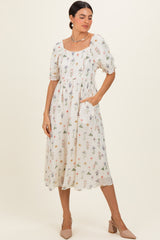 Ivory Floral Sweetheart Neckline Midi Dress