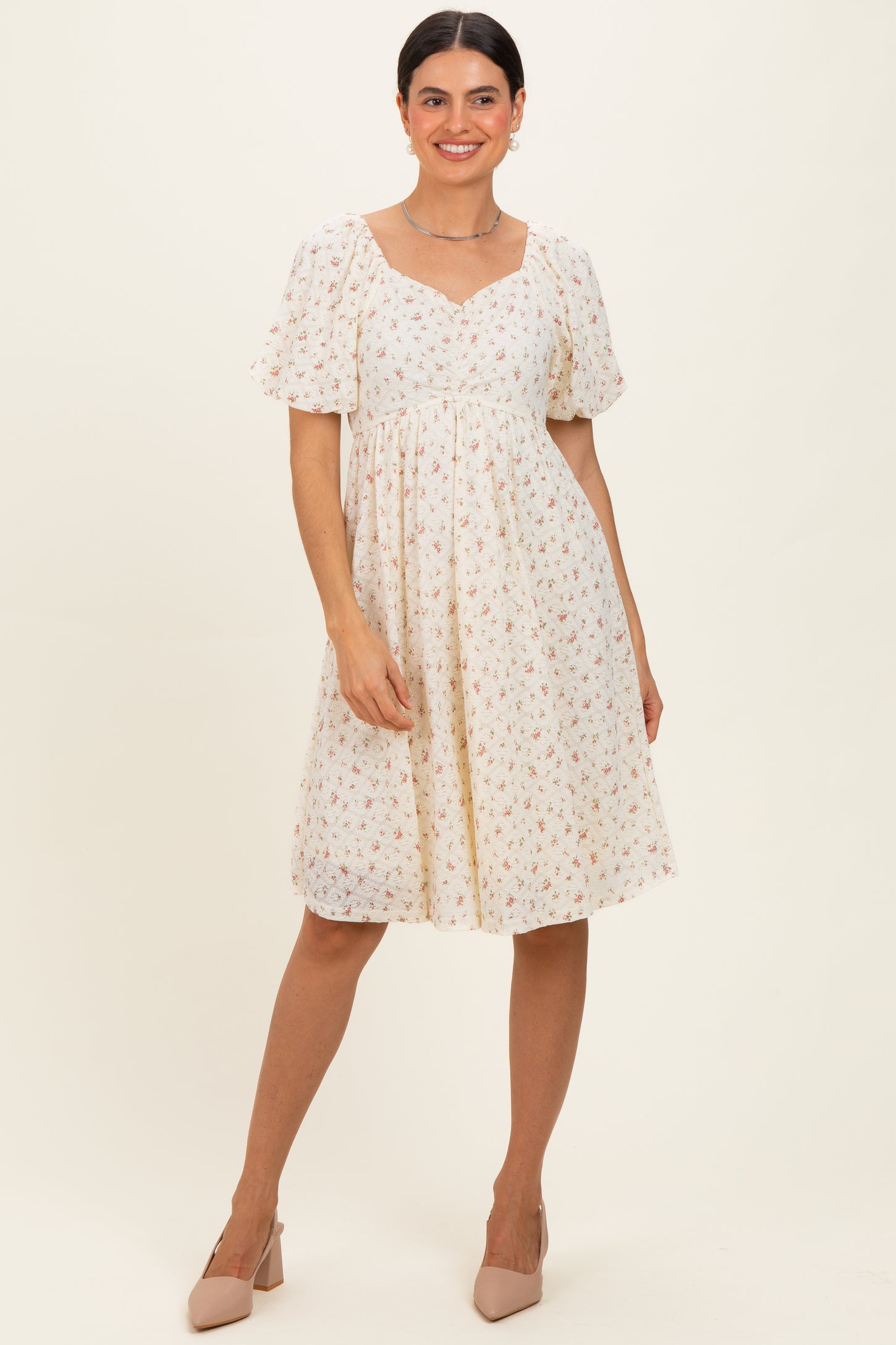 Ivory Floral Sweetheart Neckline Dress
