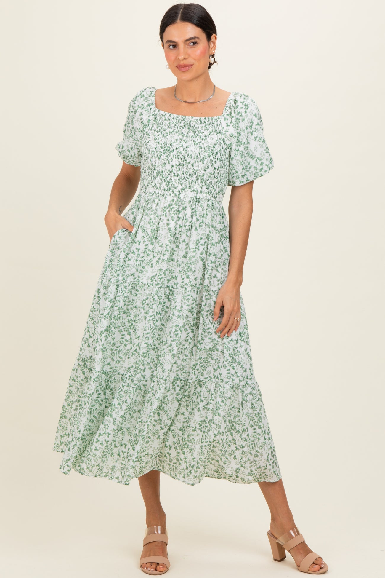 Green Floral Smocked Short Sleeve Maternity Midi Dress