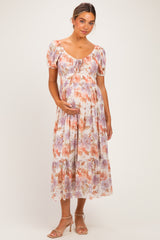 Rose Floral Front Tie Puff Sleeve Maternity Maxi Dress