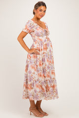 Rose Floral Front Tie Puff Sleeve Maternity Maxi Dress