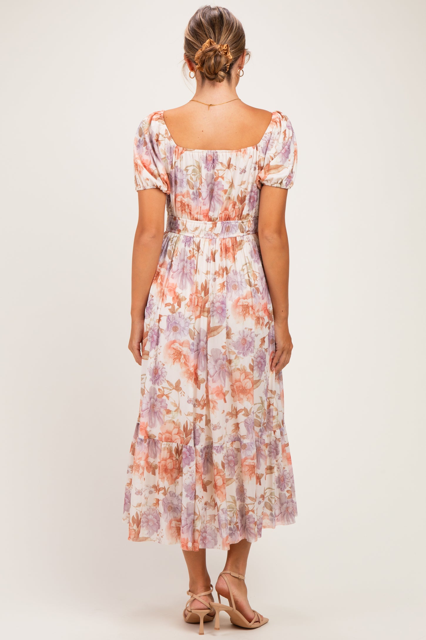 Rose Floral Front Tie Puff Sleeve Maternity Maxi Dress