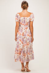 Rose Floral Front Tie Puff Sleeve Maternity Maxi Dress