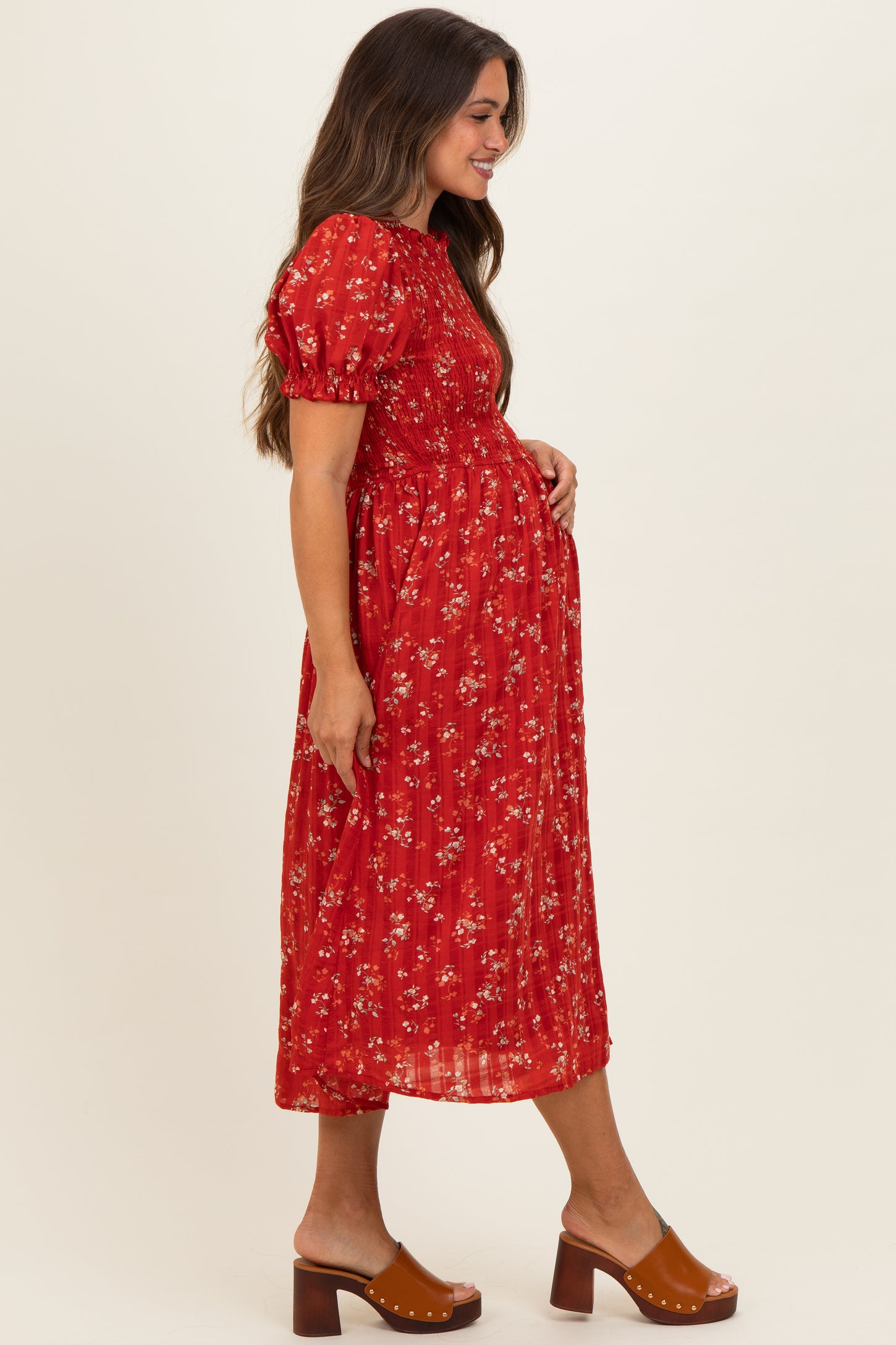 Red Floral Smocked Maternity Midi Dress