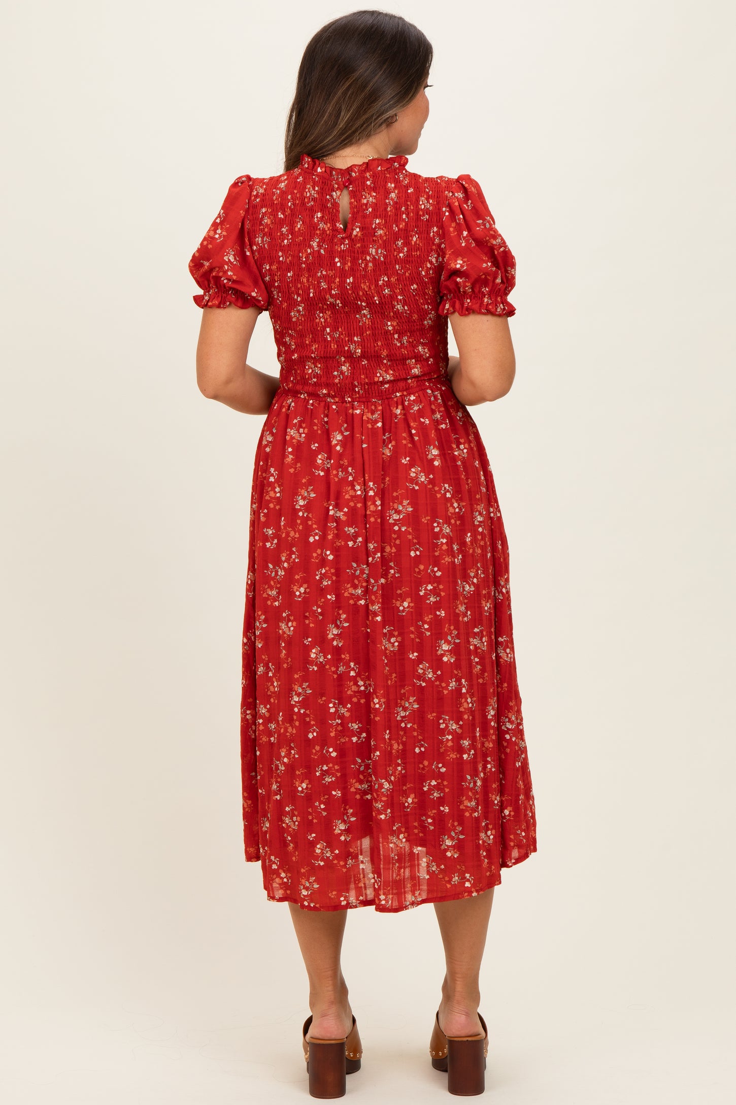 Red Floral Smocked Maternity Midi Dress