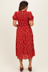 Red Floral Smocked Maternity Midi Dress